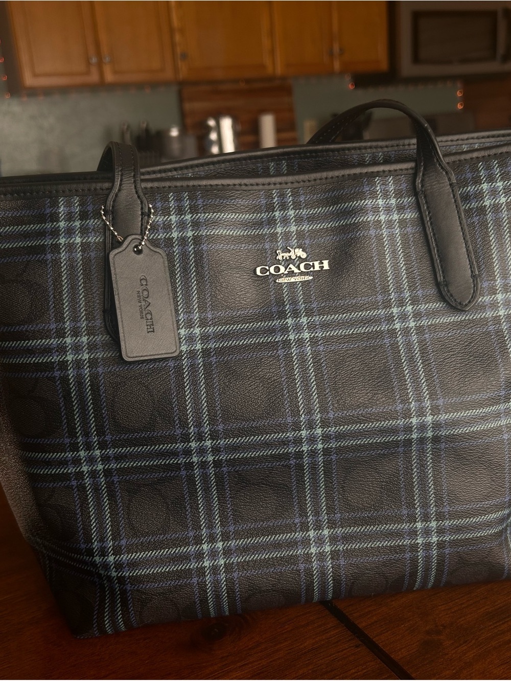 Coach Black Plaid Leather Tote with Blue Accents